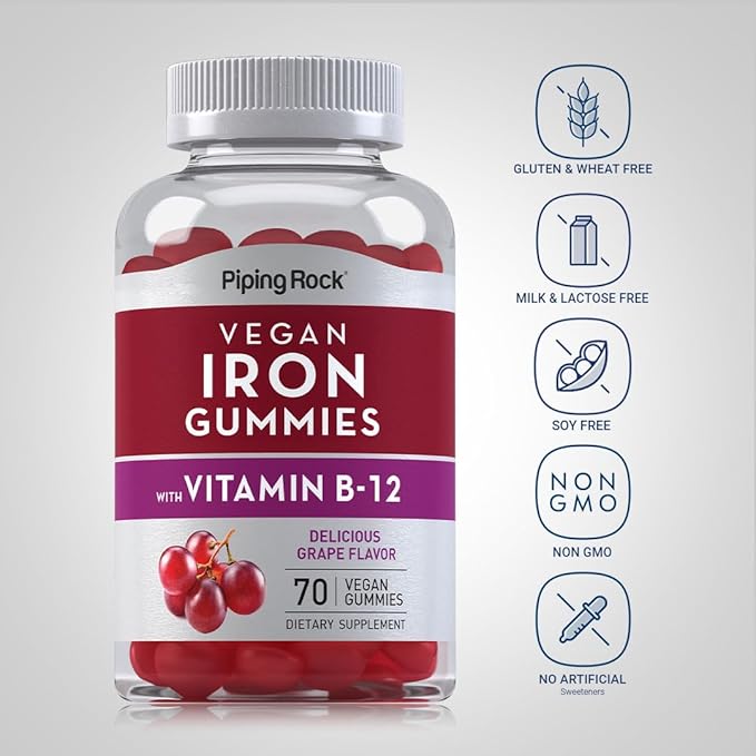Piping Rock Vegan Iron Gummies | 70 Count | Delicious Grape Flavor | Supplement with B Complex Vitamins | Non-GMO, Gluten Free