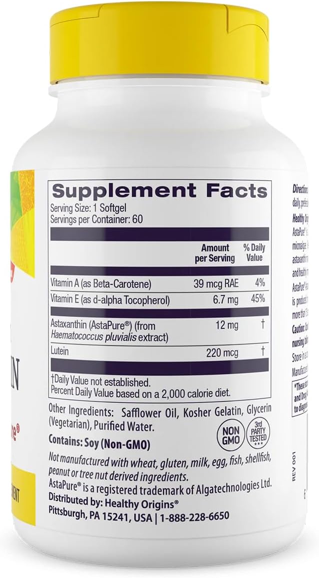 Healthy Origins Astaxanthin 12 mg, 60 Softgels - AstaPure Clinically Studied Algae - Supports Joint & Immune Health, Healthy Skin, Antioxidant for Cellular Protection & Eye Support - 2 Month Supply