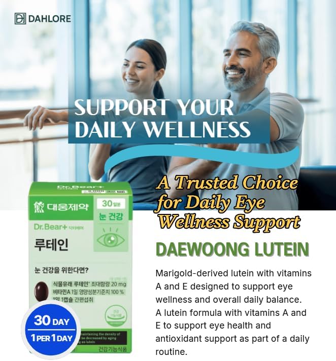 Lutein Supplement with Vitamin A & Vitamin E, Eye Wellness Support, Plant-Based Marigold Extract, Daily Softgel, 20mg Lutein Per Serving, 30-Day Supply, Made in Korea