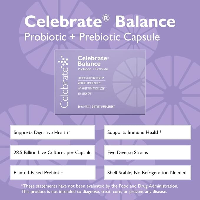 Celebrate Vitamins Balance Probiotic + Prebiotic - Post Bariatric Surgery Daily Supplement for Women & Men, 28.5 Billion CFU - Supports Digestive & Immune Health, Gluten Free (30 Capsules)