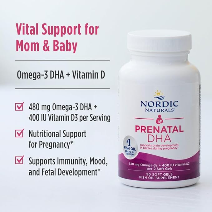 Nordic Naturals Prenatal DHA, Unflavored - 90 Soft Gels - 830 mg Omega-3 + 400 IU Vitamin D3 - Supports Brain Development in Babies During Pregnancy & Lactation - Non-GMO - 45 Servings