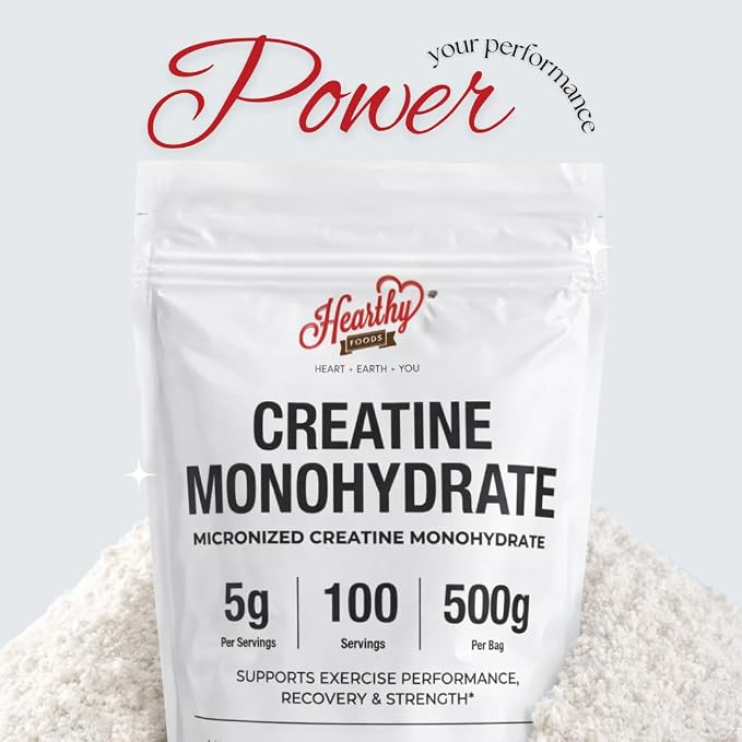 HEARTHY FOODS Creatine Monohydrate Micronized Powder 500G - 100 Servings, 5000mg Per Serving (5g) - for Men & Women Muscle Growth & Recovery - UNFLAVORED