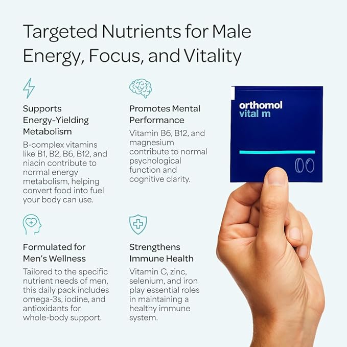 Orthomol Vital M Powder & Tablet Packet for Men, 30-Day Vitamin Supplement – Daily Energy, Fatigue Reduction & Vitality Support with Vitamins A, B, C, D, E, K, Omega-3 & Iodine