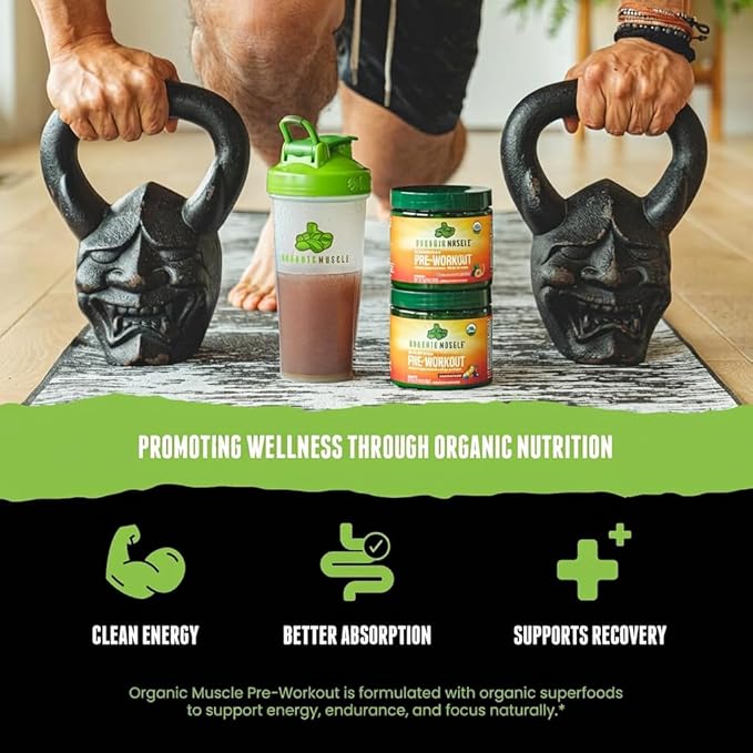 Organic Muscle Organic Pre Workout Powder, Passionfruit Guava — USDA Organic Superfood Blend | Maca, Beet Root, Cordyceps, Rhodiola | 150mg Natural Caffeine, Vegan, No Jitters, 20 Servings