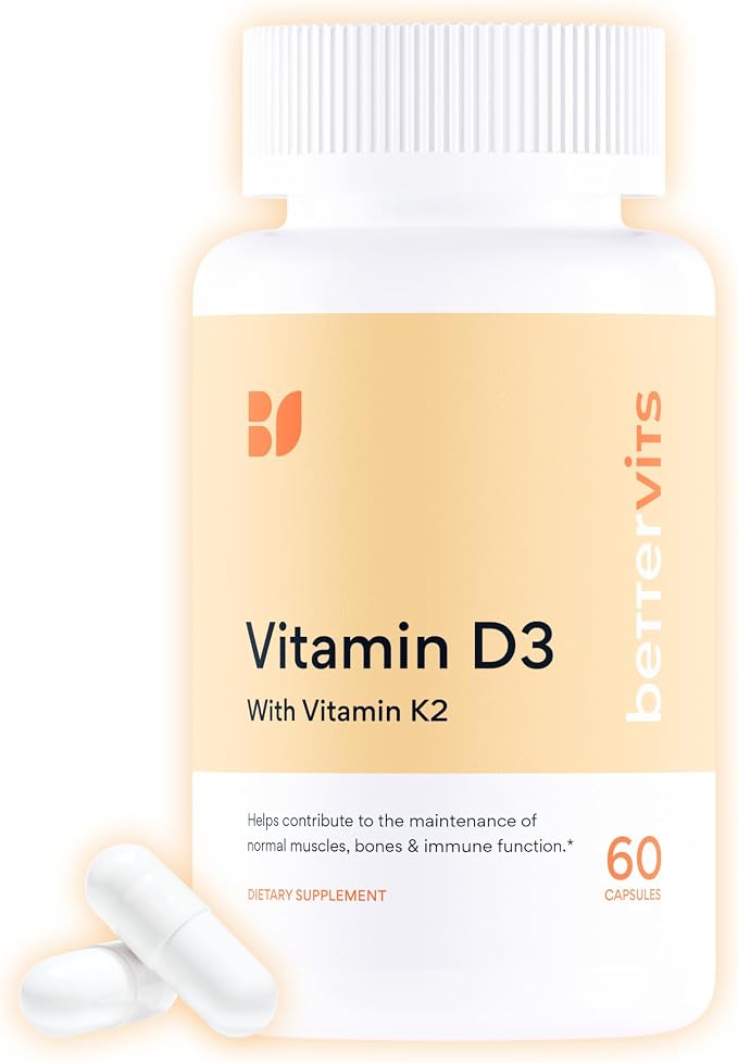 Bettervits Vitamin D3 5000 IU for Women and Men | with High Strength K2 Vitamins for Immune Support and Bone Health | Vitamin D Supplements with Calcium Absorption | 60 Vegetarian Capsules