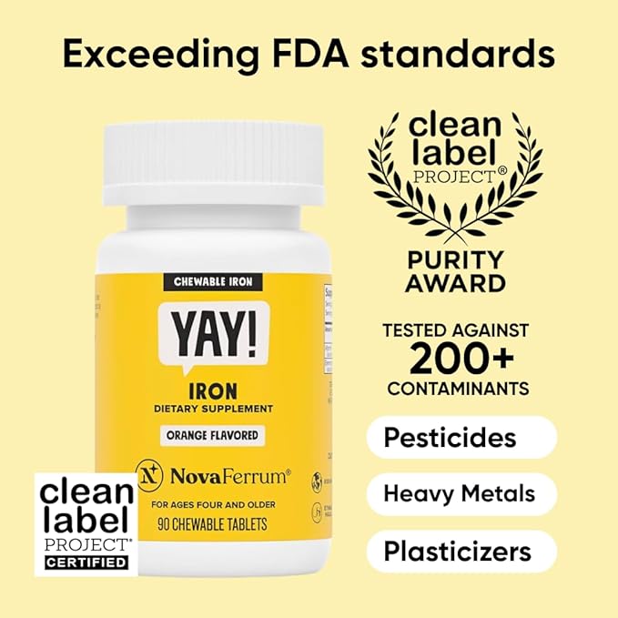 NovaFerrum Yay | Chewable Iron Supplement for Kids & Adults Ages 4 and Over | 18mg of Iron | 90 Servings | Sugar Free | Vegan | Gluten Free | Orange Flavor
