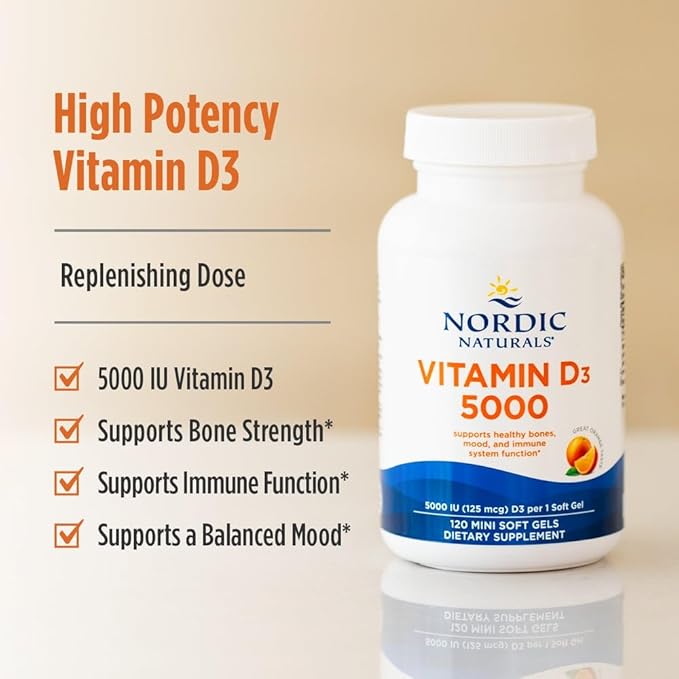 Nordic Naturals Vitamin D3 5000, Orange - 120 Mini Soft Gels - 5000 IU Vitamin D3 - Supports Healthy Bones, Mood & Immune System Function - Non-GMO - 120 Servings (Pack of 2)