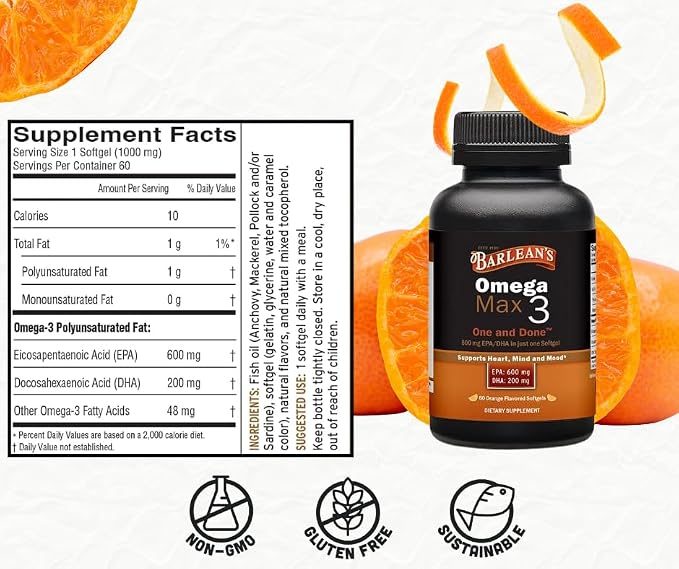 Barlean's Ideal Omega Max 3 Fish Oil Supplements, 1000 mg Softgels, EPA and DHA Fatty Acid Pills for Men and Women, Orange Flavor, 60 Count