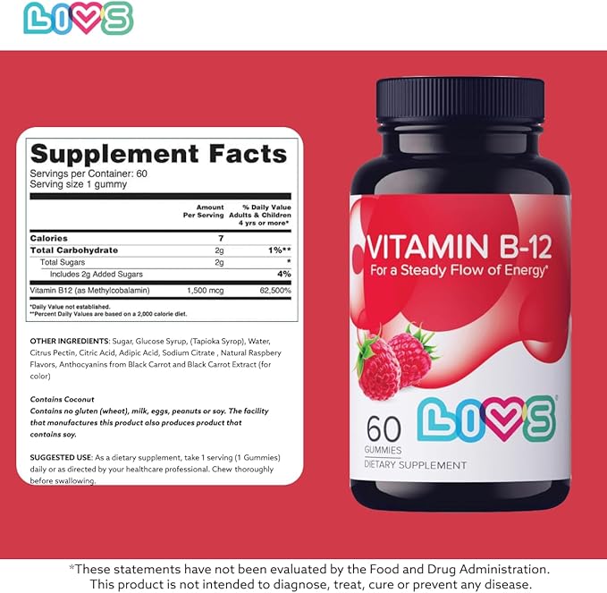 LIVS Vitamin B12 Gummies for Adults & Kids | Vegan Methylcobalamin B12 Supplement | Energy, Metabolism & Nerve Support | Raspberry Flavor | Non-GMO, Gluten-Free, Pectin-Based | 120 Count