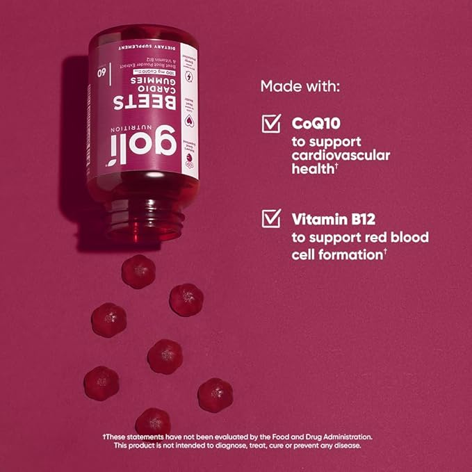 Goli Nutritional Supplement, Beets Cardio Gummy, 180 Count(3 Pack of 60), 100mg CoQ10 & Beet Root Extract - Gluten-Free, Vegan, Non-GMO, and Gelatin-Free. Nature's Great Superfood