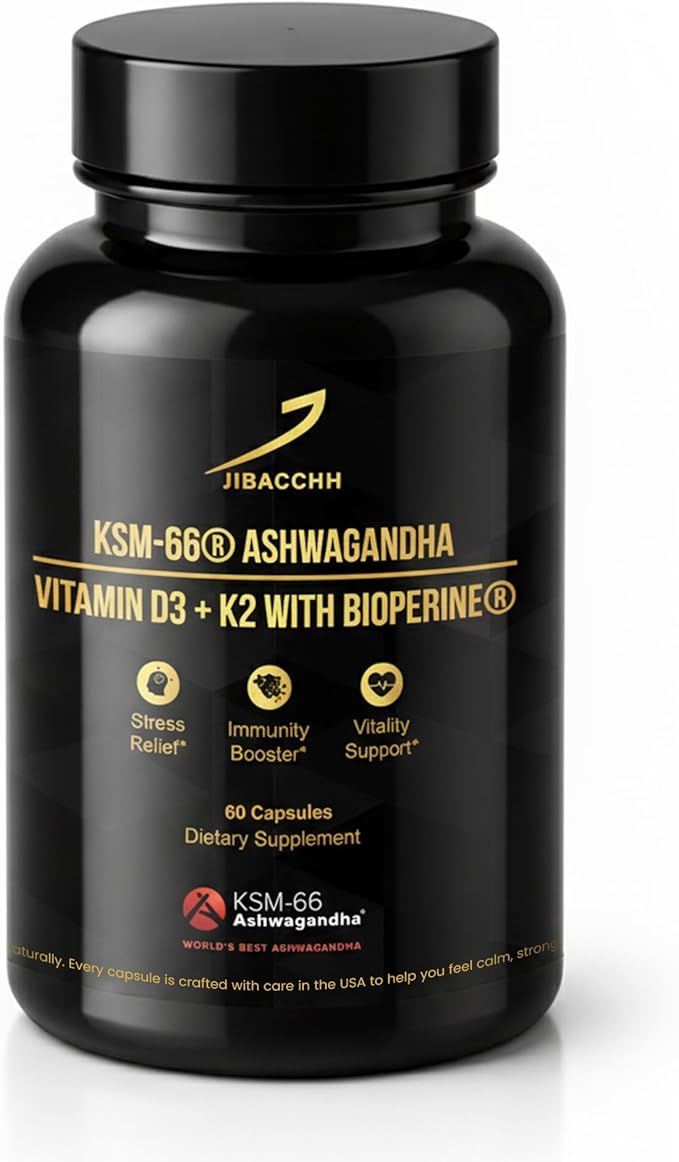 KSM-66® Ashwagandha Supplement 600 mg with Vitamin D3 5000 IU & K2 MK-7, BioPerine for Absorption, 4-in-1 - Stress Support, Mood & Immune Health - 60 Veg Capsules