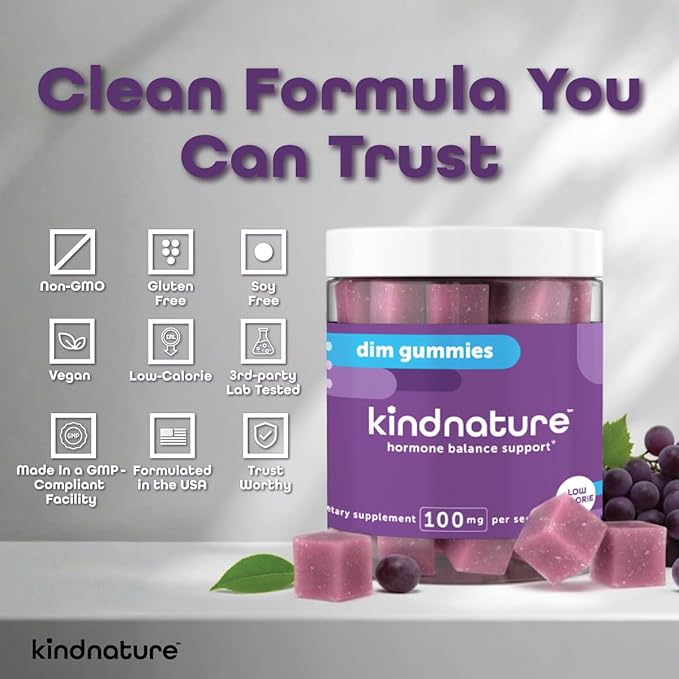 kindnature DIM Gummies 100mg – Hormone Balance Support for Women – Diindolylmethane Supplement for Estrogen Metabolism, Menopause & Skin Wellness – Vegan, Non-GMO, Gluten-Free – 60 Gummies