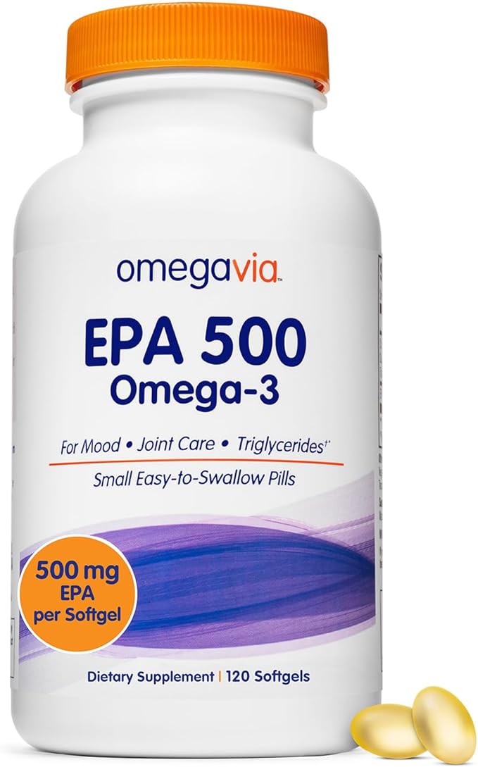 OmegaVia EPA 500, Purified Omega-3 Fish Oil Supplement, 500 mg EPA in Triglyceride Form, Burpless Fish Oil, Non-GMO, Gluten-Free, IFOS 5-Star, 120 Softgels