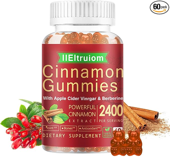 Cinnamon Supplements, Premium Ceylon Cinnamon Gummies 2400mg with Berberine, Turmeric, Apple Cider Vinegar, Bitter Melon, Chromium - Vegan, Non-GMO丨60 Counts