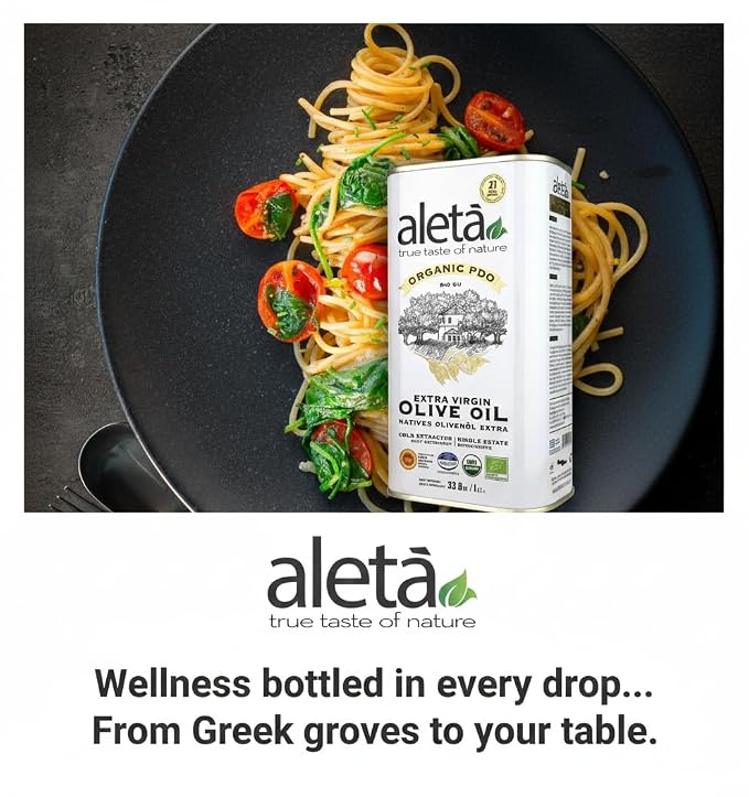 Aleta, Organic & PDO Extra Virgin Olive Oil, 2025 Gold Award, Certified Single Estate, Crete Greece, First-Cold Press, 1 Lt (33.8 oz.) Tin, Pack of 2