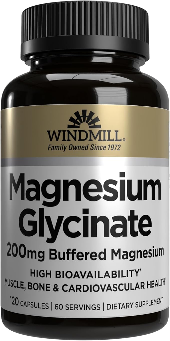 Windmill Natural Vitamins Magnesium Glycinate 200 mg, Supports Muscle, Joint, and Heart Health, Energy and Bone Support, Veggie Capsules, Gluten Free, Vegan, Non-GMO, 120 Capsules