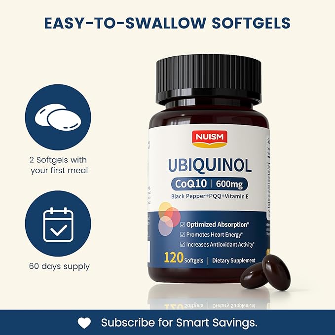 CoQ10 600mg Softgels,Ubiquinol Q10 Coenzyme Supplement,Coq 10 600mg Vitamins Maximum Absorption,Antioxidant Support for Heart Health & Energy