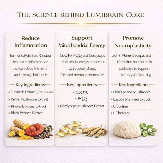 LumiBrain™ CORE Brain Supplement for Memory and Focus, Caffeine-Free Nootropic for Brain Energy, 90 Capsules