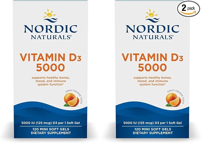 Nordic Naturals Vitamin D3 5000, Orange - 120 Mini Soft Gels - 5000 IU Vitamin D3 - Supports Healthy Bones, Mood & Immune System Function - Non-GMO - 120 Servings (Pack of 2)