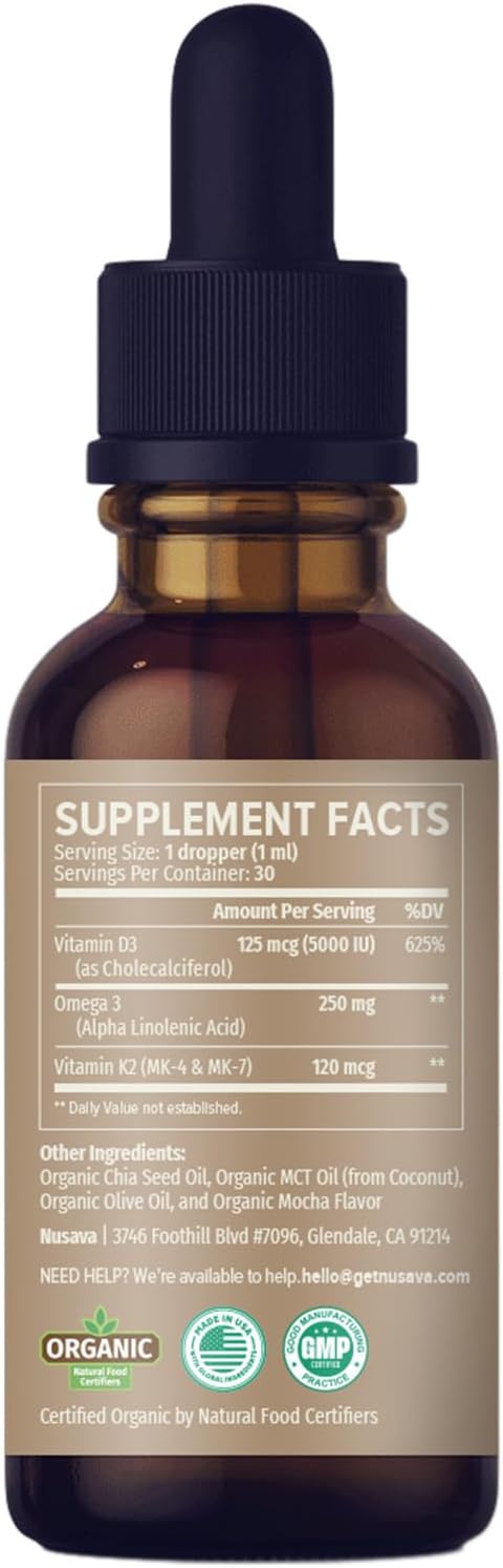 NUSAVA (2 Pack) Organic Vitamin D3 K2 Drops with MCT Oil Omega 3, 5000 IU, Maximum Strength Vitamin D Liquid, No Fillers, Non-GMO Liquid D3 for Faster Absorption and Immune Support (Mocha, 2 Fl Oz)