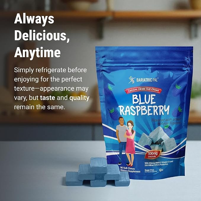 BariatricPal Sugar-Free Calcium Citrate Soft Chews | 500mg with Vitamin D & Probiotics | Blue Raspberry | 90 Count (1 Month Supply)