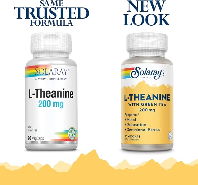 SOLARAY L-Theanine 200mg with Green Tea - Healthy Mood, Relaxation and Occasional Stress Support - Lab Verified, Vegan, Gluten Free - 90 Servings, 90 VegCaps