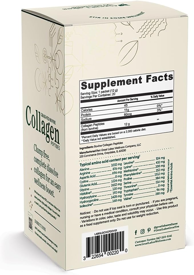 Great Lakes Wellness Collagen Peptides Powder – Supports Skin, Hair, Nails, Joints & Digestion – Hydrolyzed, Quick Dissolve, Non-GMO, Keto & Kosher – Unflavored, Pure Collagen Protein (20 Servings)