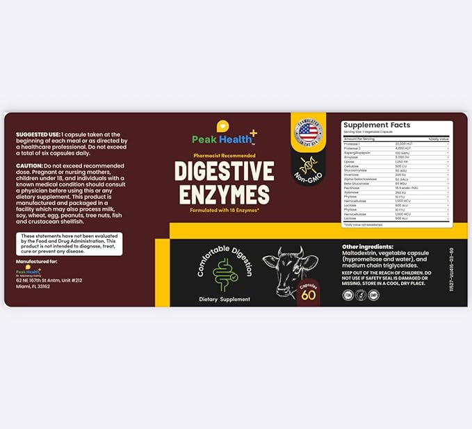 Peak Health, Digestive Enzymes for Foodies | Digestive Support for Meat, Carbs, Fat, Milk and Vegetable Digestion – Pharmacist Formulated 60 Count - USA
