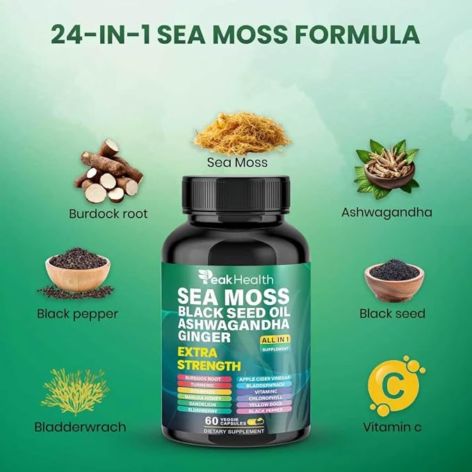 Peakhealth Shilajit Sea Moss Black Seed Oil Ashwagandha Capsules for Man Woman,2 Bottle Combo with Turmeric, Panax Ginseng, Rhodiola,Herbal Formula,Energy & Immune Support, 60 Capsules