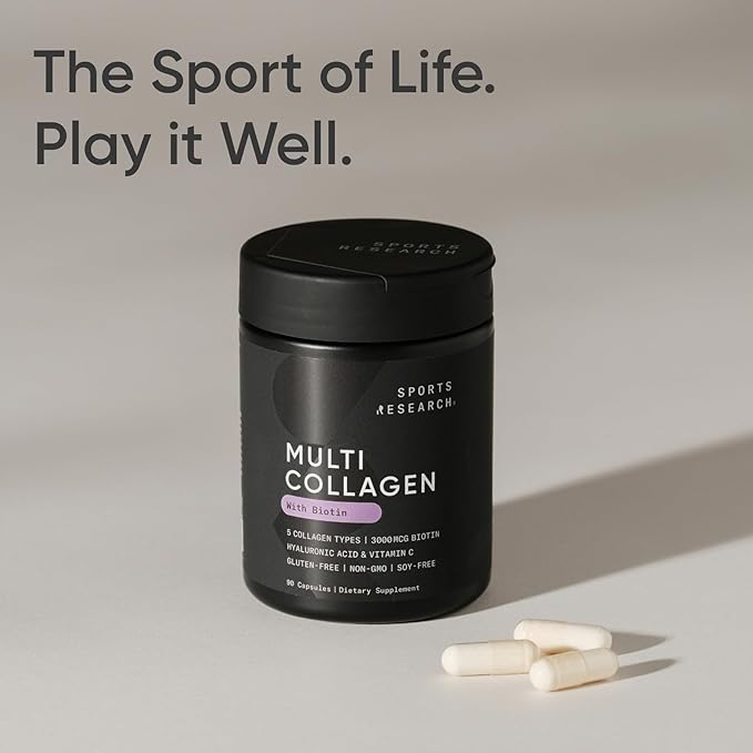 Sports Research® Biotin-Infused Collagen Peptides Complex with Hyaluronic Acid – 5 Multi Collagen Types for Hair, Skin & Joint Support* - Gluten Free · Non-GMO · 90 Capsules