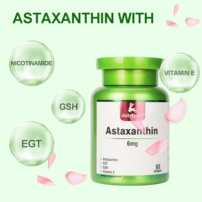 JulyDeer Astaxanthin 6 mg Per Serving, 60 Softgels – Double Strength Microalgae – Natural Haematococcus Pluvialis Source – Antioxidant Supplements for Skin, Eyes, Joints, & Immune Support – Non-GMO