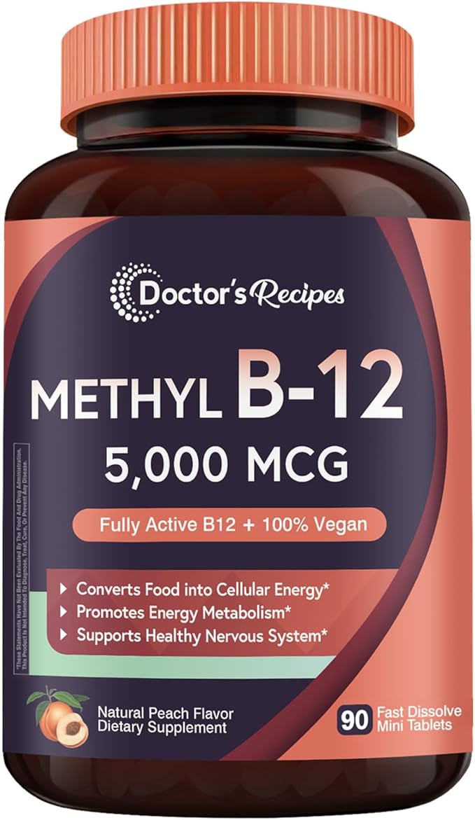 Doctor's Recipes Vitamin B12, Methylcobalamin 5000 mcg 90 Fast Dissolve Tablets, Natural Peach Flavor, Vegan Methyl, Energy Metabolism & Nervous System