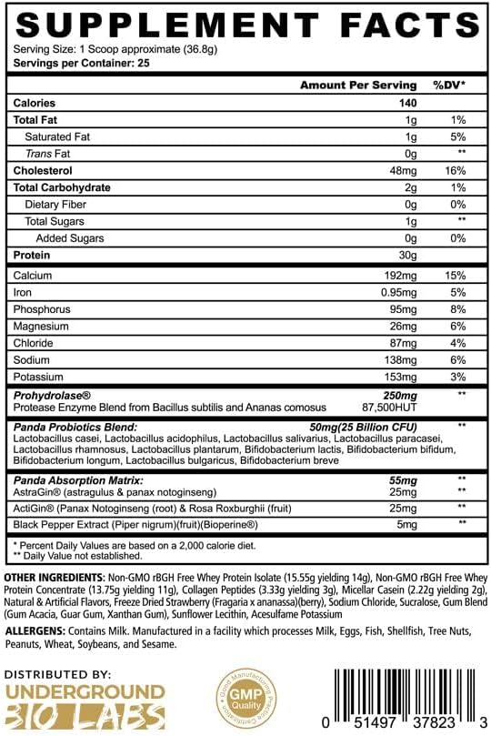 Underground Bio Labs Panda Fuel Premium Protein Whey,Hydrolyzed Collagen,Casein,Probiotics, Enzymes, Keto Friendly,Time Release, 25 Servings (2.5 Pound, Strawberries & Cream)