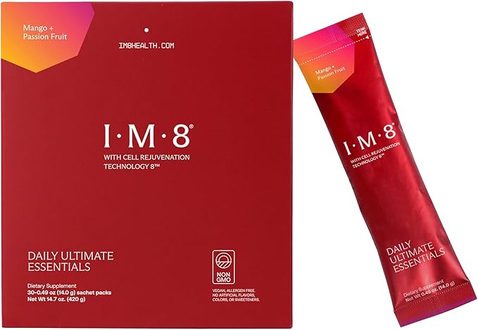 IM8 Daily Ultimate Essentials All-in-One Multivitamin Supplement, 92 Nutrient Rich Ingredients CoQ10, Probiotics, Vitamins, Greens, Gluten Free, Vegan (30 Packets, Mango & Passion Fruit)