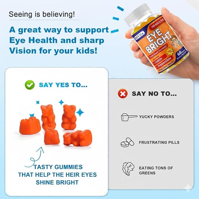Eye Bright Lutein Gummies for Kids & Teens– Eye Vitamins with Lutein & Zeaxanthin – Eye Health Supplements for Vision Support – Vitamins for Eye Health & Macular Support – 60 Gummies
