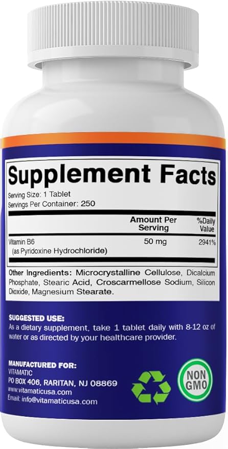 Vitamatic Vitamin B6 (Pyridoxine HCI), 50 mg 250 Vegetarian Tablets - Promotes Energy Production, boosts Metabolism and Immune Health Support
