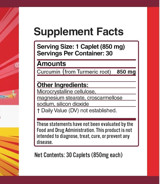 Curcumin Turmeric Curcuma Curcuyin Supplements, 850 mg, 30 Caplets. (4, 4 Pack)