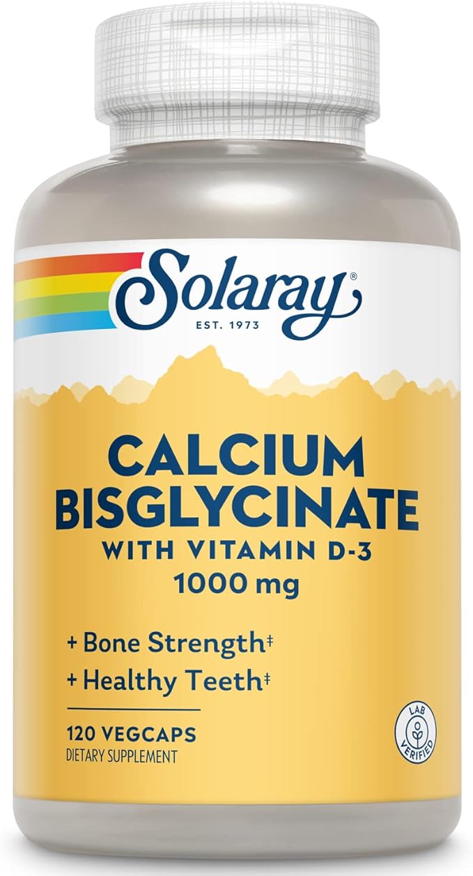 SOLARAY Calcium Bisglycinate Supplement 1000 mg for Women & Men - Calcium with Vitamin D3, Bone Strength & Teeth Health Support, Chelated Capsules, Easy to Digest - 120 Veg Cap Count