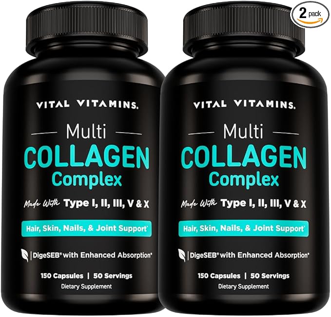 Vital Vitamins Multi Collagen Pills for Women & Men (2-Pack) - Hydrolyzed Collagen Peptides - Type I, II, III, V, X - Grass Fed, Non-GMO