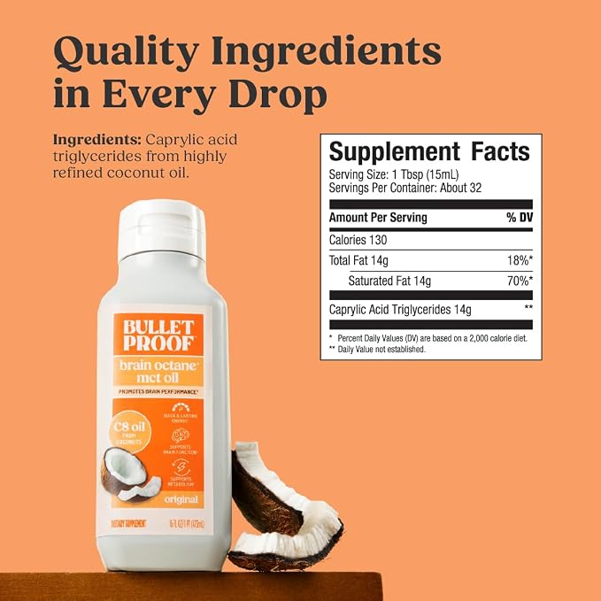 Bulletproof Brain Octane C8 MCT Oil, 16 oz – 100% Pure Coconut Oil, Triple-Distilled Keto Energy Supplement for Coffee & Smoothies, Unflavored, No Additives or Fillers, Non-GMO