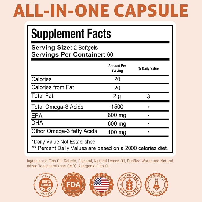 Health Dose Omega 3 Fish Oil 2000mg – Lemon-Flavored Softgels with EPA 800mg & DHA 600mg for Brain, Heart, and Wellness Support – Easy-to-Digest, No Fish Burps – 120 Softgels, 2-Month Supply