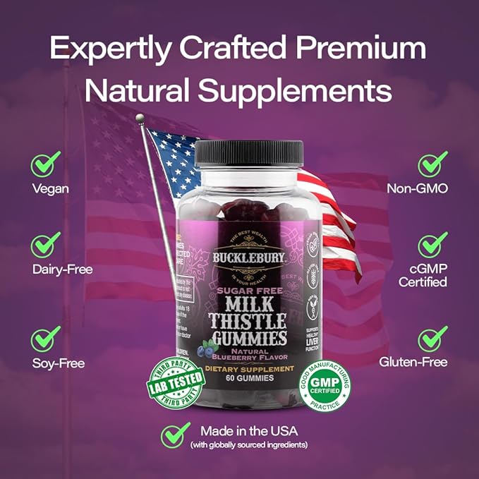 Bucklebury Sugar-Free Milk Thistle Gummies 1000mg with Natural Blueberry Flavor - Vegan, Gluten-Free, Non-GMO Natural Milk Thistle Supplement for Liver Health, Immunity & Antioxidant Support -60 Count