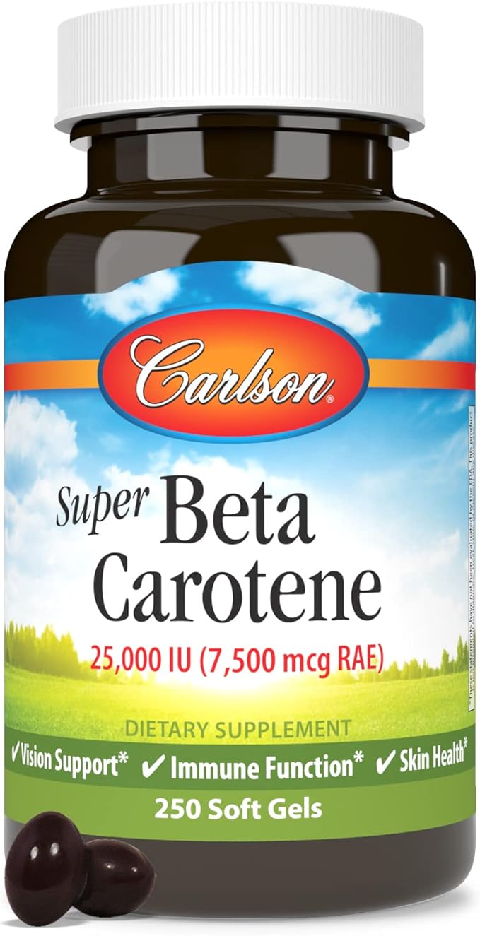 Carlson - Super Beta Carotene, 25000 IU (15 mg), Vitamin A as Beta Carotene, Bioavailable and Bioactive Form, Vision Health, Healthy Skin, 250 Softgels