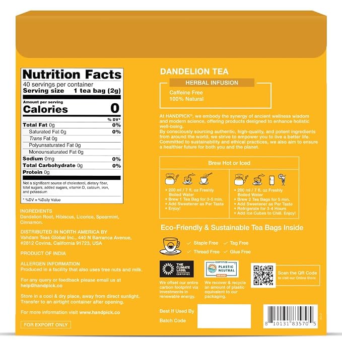 HANDPICK - Dandelion Root Tea bags, 40 Teabags - Natural Dandelion Herbal Tea - Non-GMO - Caffeine-free
