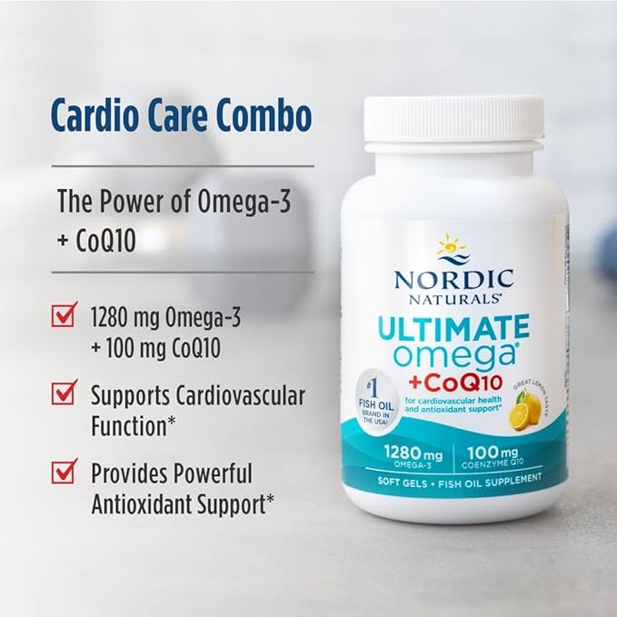 Nordic Naturals Ultimate Omega + CoQ10, Lemon - 60 Soft Gels - 1280 mg Omega-3 + 100 mg CoQ10 - Heart Health, Cellular Energy, Antioxidant Support - Non-GMO - 30 Servings