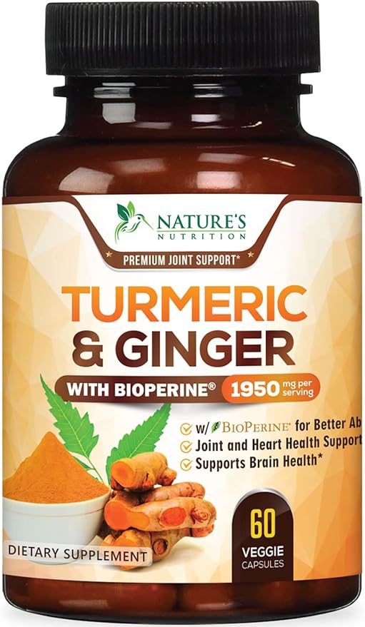 Turmeric Curcumin Supplement - 95% Curcuminoids with Organic Turmeric & Ginger, BioPerine Black Pepper Extract for Best Absorption, Natural Vegan Joint Support, Non-GMO, Bottled in USA - 60 Capsules