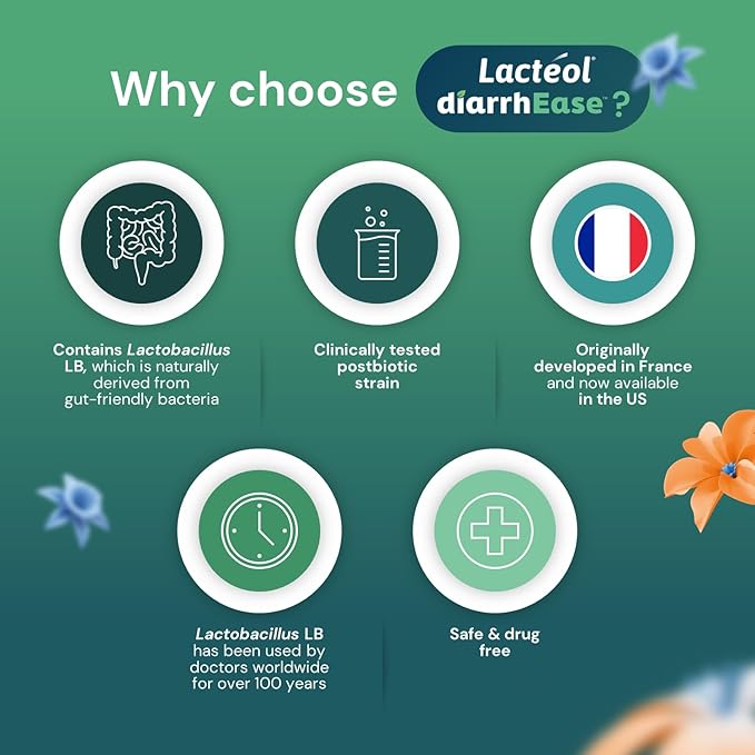 Lactéol DiarrhEase- a Safe, Drug Free and Clinically Tested Postbiotic Strain that Helps Soothes Occasional Digestive Upset and Shortens the Duration of Occasional Diarrhea, 10 Count
