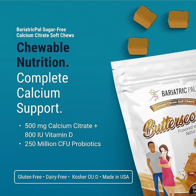 BariatricPal Sugar-Free Calcium Citrate Soft Chews | 500mg with Vitamin D & Probiotics | Butterscotch | 90 Count (1 Month Supply)