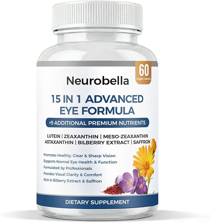 Neurobella Eye Formula, Neurobella 15 in 1 Advanced Eye Formula with All 3 Carotenoids, Lutein & Zeaxanthin, Saffron & Bilberry Extract