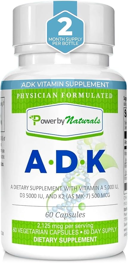 Power By Naturals ADK Vitamin Supplement – Vitamins A, D3 & K2 MK-7 for Bone Health & Calcium Absorption – Gluten-Free, Soy-Free – 60 Capsules (2-Month Supply)